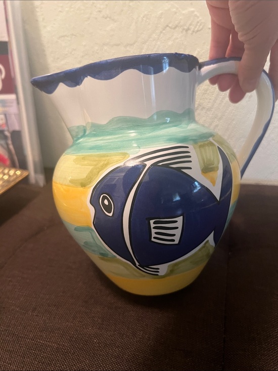 Vintage Hand-painted FISH Vase collection Other - #2305*”5x7” Hand-Painted Blue Fish Ceramic Pitcher - Decorative Pets Fish Vase